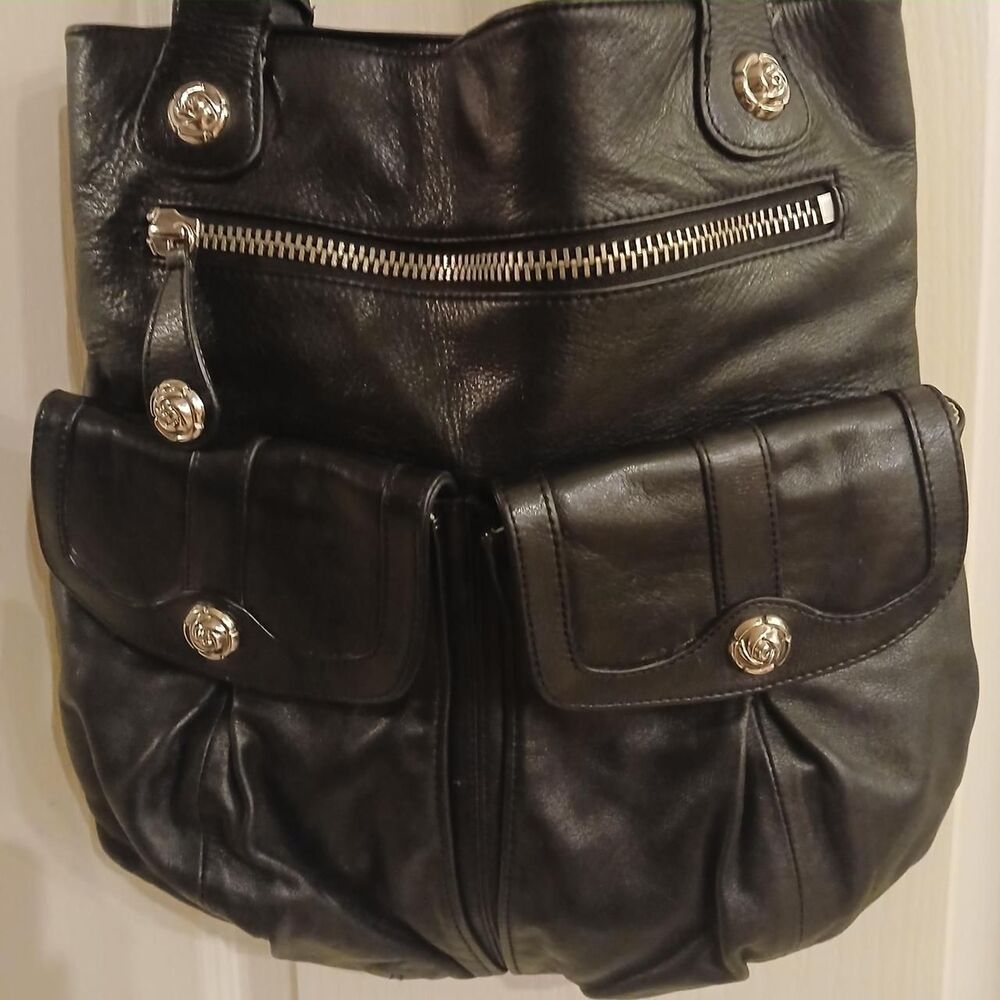 Y2K Rough Roses Black Leather Slouchy Handbag Silver Tone Roses Whimsygoth - Picture 2 of 8